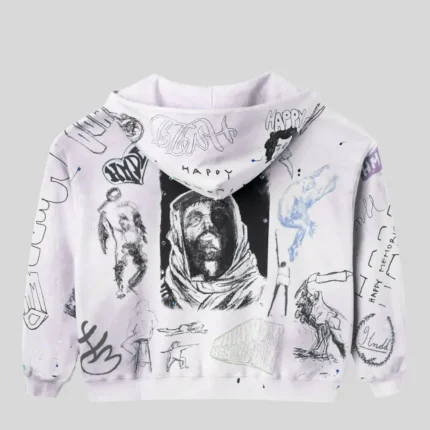 HMDD white graphic hoodie with Happy Memories artwork, hand-drawn illustrations, and all-over streetwear graphics