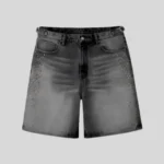 Black denim shorts with classic five-pocket construction and rhinestone-style embellished detailing along both front sides.