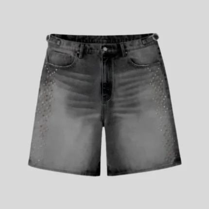 Black denim shorts with classic five-pocket construction and rhinestone-style embellished detailing along both front sides.
