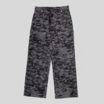 Grey and black digital camouflage cargo pants with relaxed wide-leg fit, utility pocket detailing and structured seams.