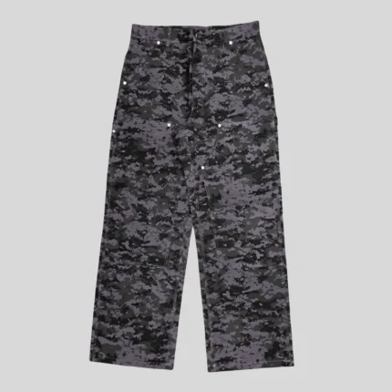 Grey and black digital camouflage cargo pants with relaxed wide-leg fit, utility pocket detailing and structured seams.