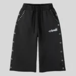 Black relaxed-fit sweatpants with multi-color rhinestone-style embellishments around the pockets and along the outer legs.