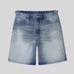 Light blue washed denim shorts with classic five-pocket construction and rhinestone-style embellishments along both outer front sides.