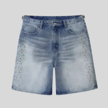 Light blue washed denim shorts with classic five-pocket construction and rhinestone-style embellishments along both outer front sides.
