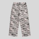 Grey digital camouflage pants with pixelated black and charcoal camo pattern and relaxed wide-leg streetwear fit.