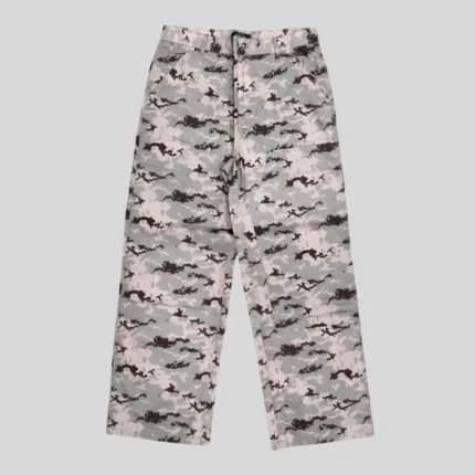 Grey digital camouflage pants with pixelated black and charcoal camo pattern and relaxed wide-leg streetwear fit.