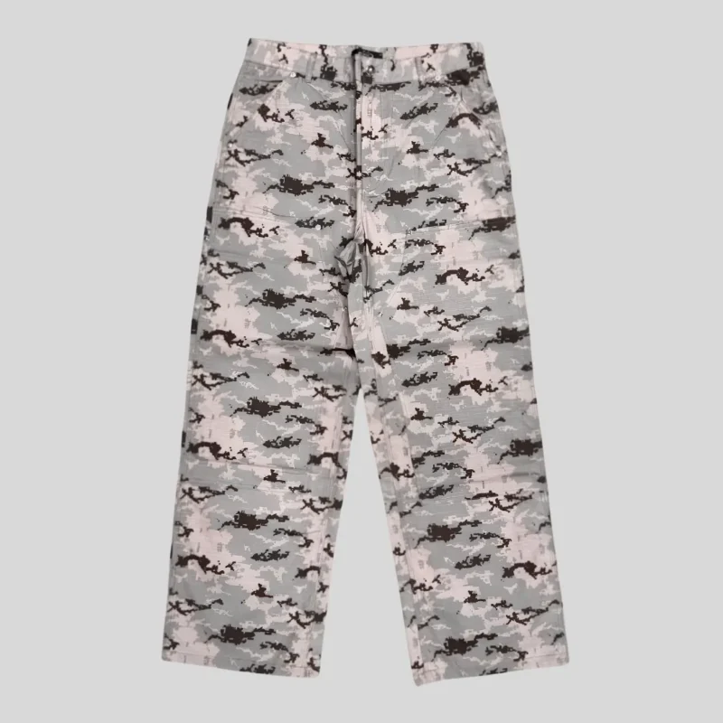 Grey digital camouflage pants with pixelated black and charcoal camo pattern and relaxed wide-leg streetwear fit.