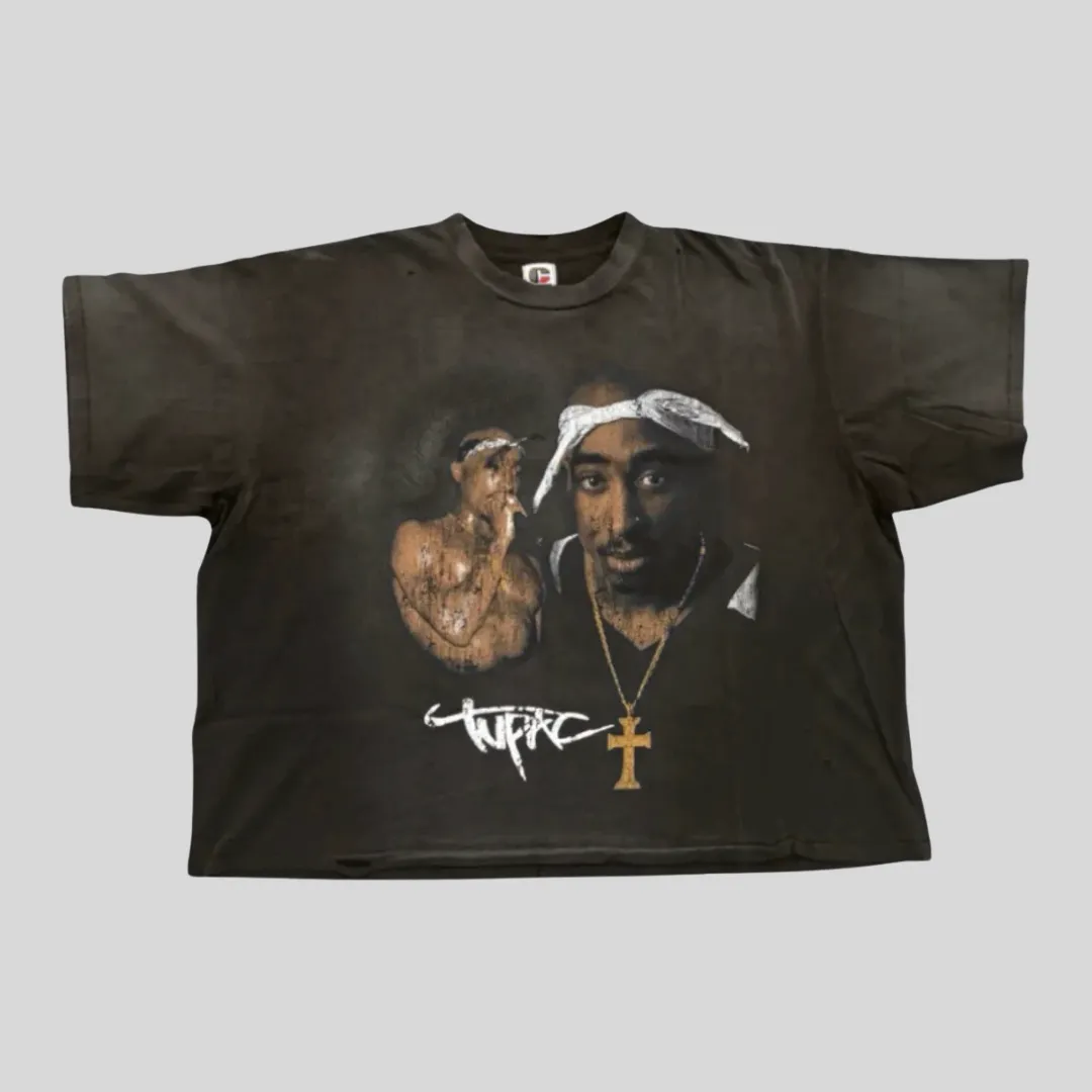 HMDD Tupac vintage graphic oversized black T-shirt featuring portrait artwork and bold hip-hop inspired streetwear design.