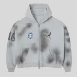HMDD grey distressed zip up hoodie with chest crest and athletic-inspired graphic