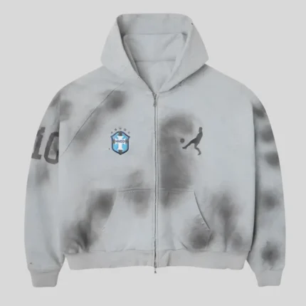 HMDD grey distressed zip up hoodie with chest crest and athletic-inspired graphic