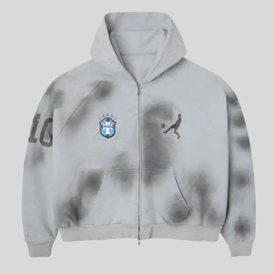 26 HMDD grey distressed zip up hoodie with chest crest and athletic-inspired graphic