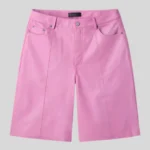 Vibrant pink denim shorts with classic five-pocket construction, belt loops, button closure, zipper fly and relaxed straight-leg silhouette.