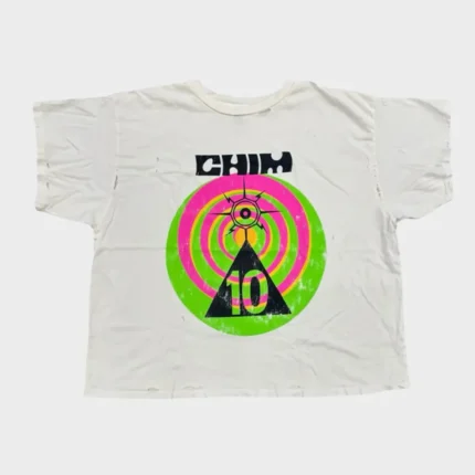 HMDD CHIM target graphic white T-shirt featuring neon green and pink circular artwork with bold black CHIM lettering.