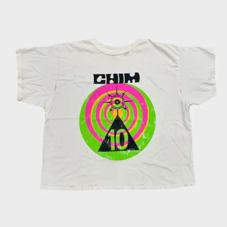 HMDD CHIM target graphic white T-shirt featuring neon green and pink circular artwork with bold black CHIM lettering.