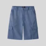 Muted blue cargo shorts with belt loops, front pockets, dual flap cargo pockets, button closure, zipper fly, and relaxed fit.