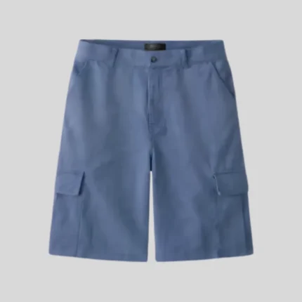Muted blue cargo shorts with belt loops, front pockets, dual flap cargo pockets, button closure, zipper fly, and relaxed fit.