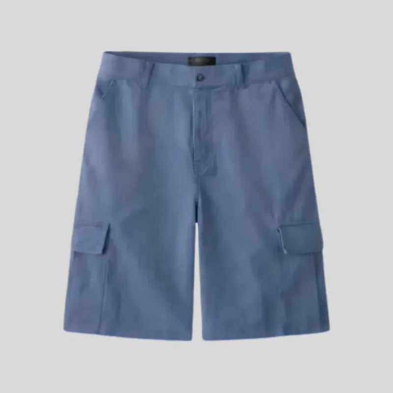 Muted blue cargo shorts with belt loops, front pockets, dual flap cargo pockets, button closure, zipper fly, and relaxed fit.