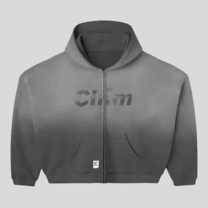 HMDD grey zip up hoodie with subtle tonal chest graphic and front pockets