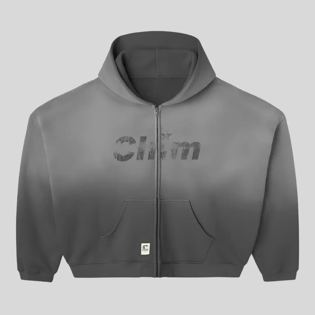 27 HMDD grey zip up hoodie with subtle tonal chest graphic and front pockets
