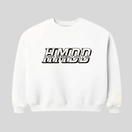 HMDD Graphic Sweatshirt in white with bold layered black chest logo