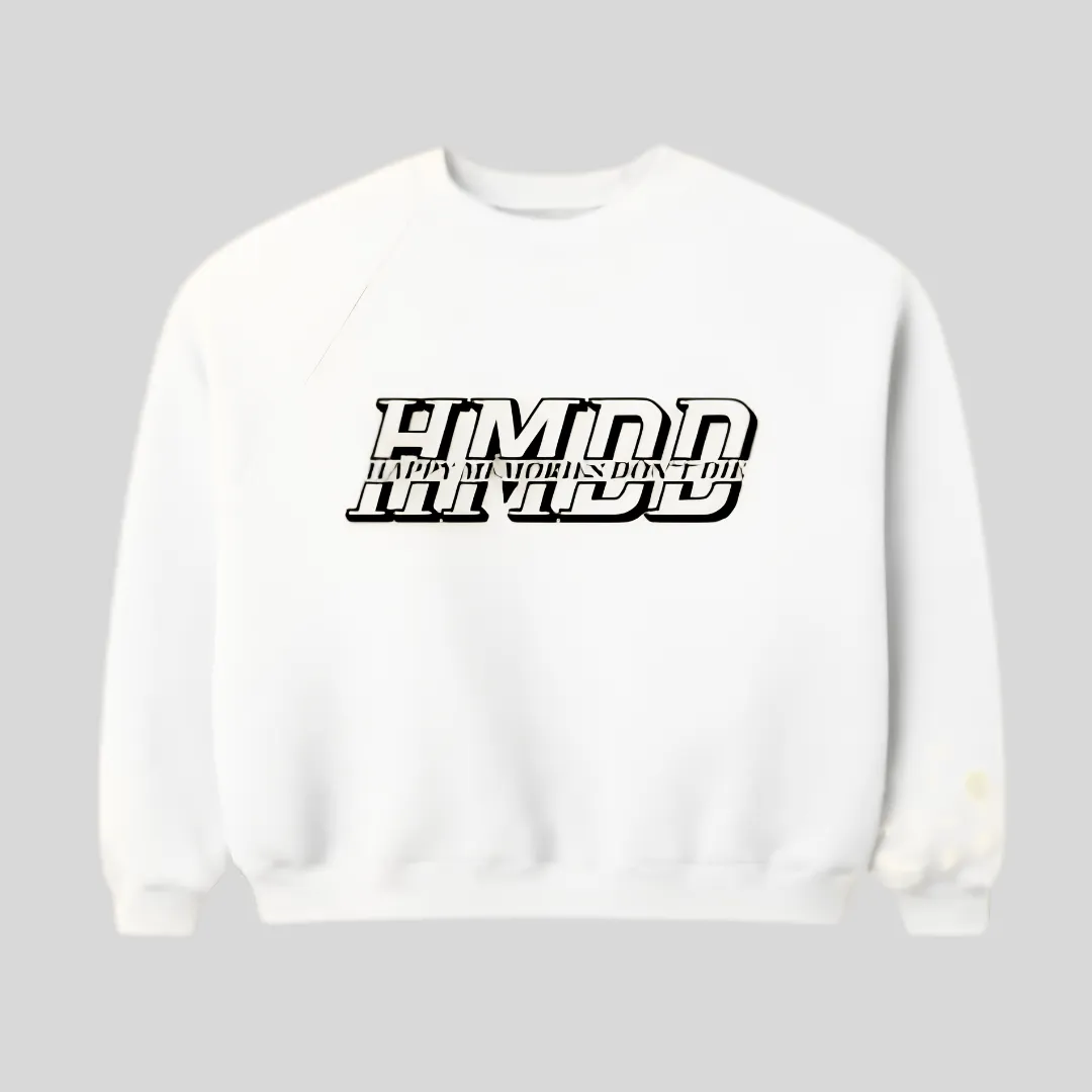 3 HMDD Graphic Sweatshirt in white with bold layered black chest logo