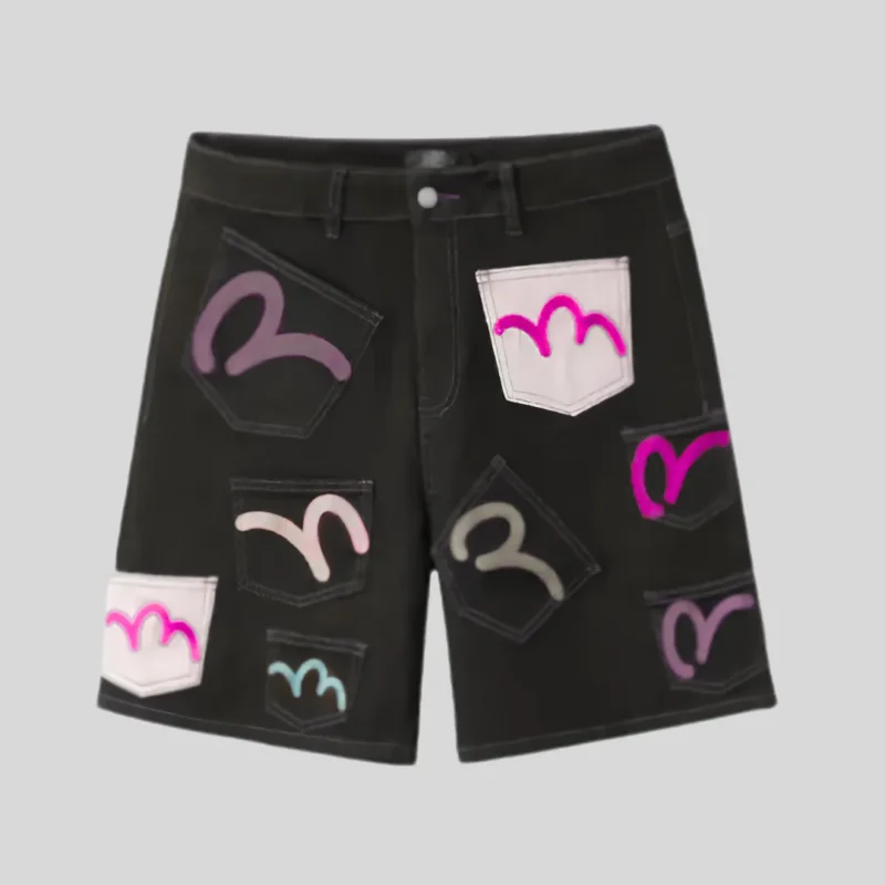 HMDD black graphic denim shorts with colorful patchwork pocket designs and streetwear styling