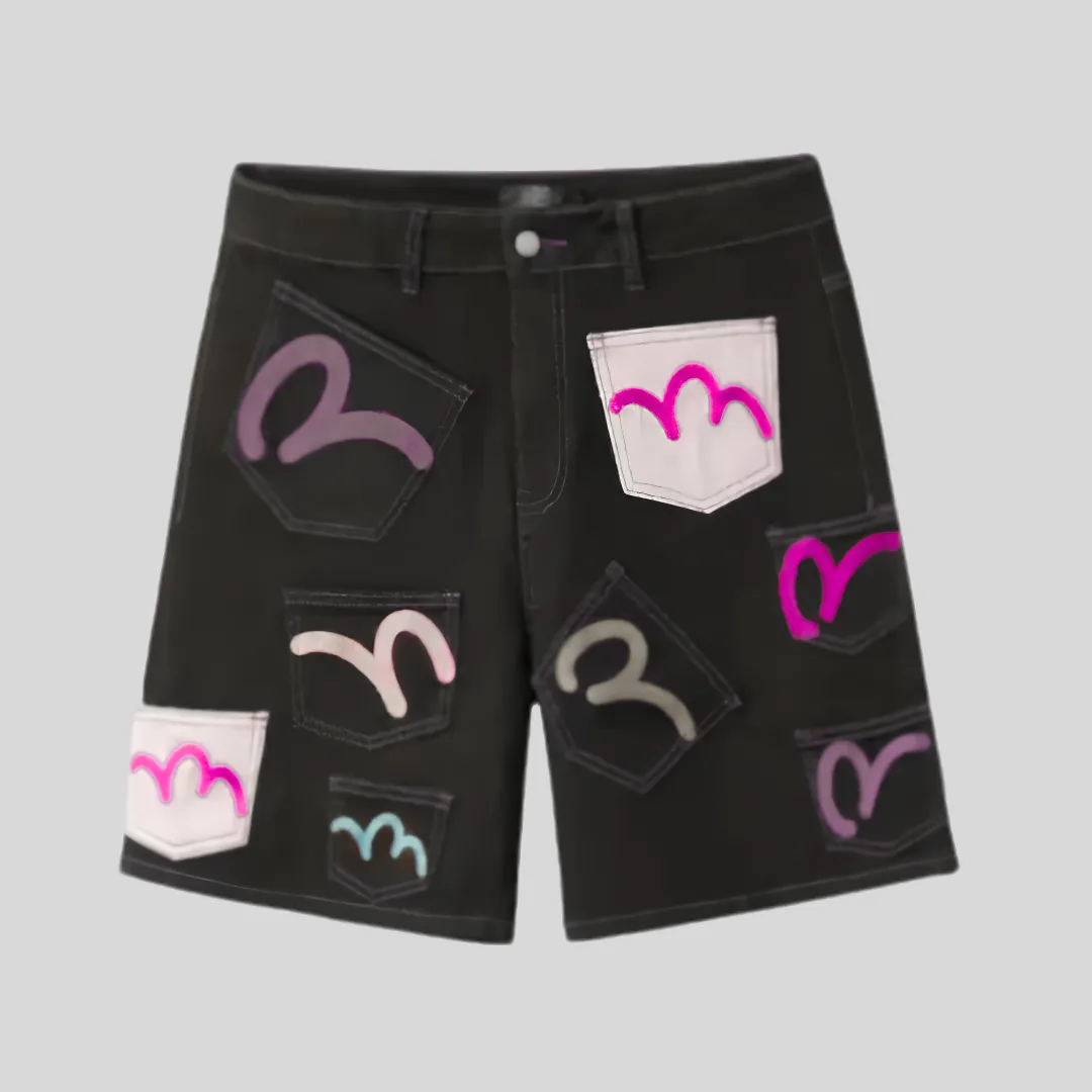 3 HMDD black graphic denim shorts with colorful patchwork pocket designs and streetwear styling