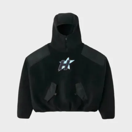 HMDD black half zip hoodie with high collar, subtle shoulder panels and minimal H graphic