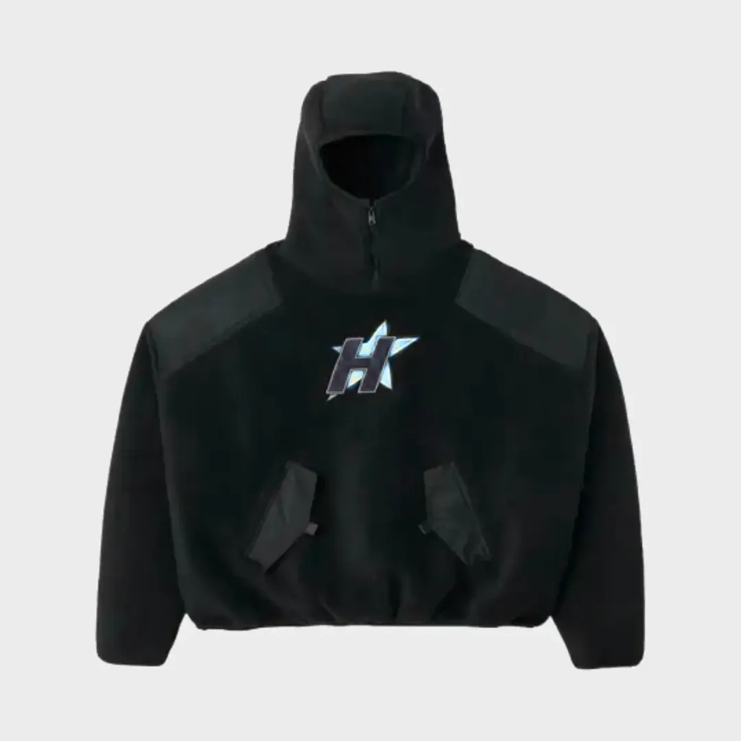 32 HMDD black half zip hoodie with high collar, subtle shoulder panels and minimal H graphic