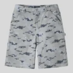 Grey and white abstract camouflage cargo denim shorts with belt loops, front pockets, utility detailing, button closure and relaxed streetwear fit.
