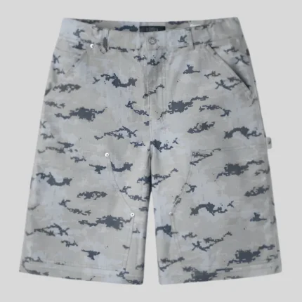 Grey and white abstract camouflage cargo denim shorts with belt loops, front pockets, utility detailing, button closure and relaxed streetwear fit.