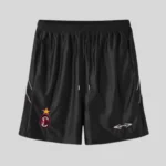 HMDD black athletic shorts with subtle side accents and contrasting lower-leg graphics