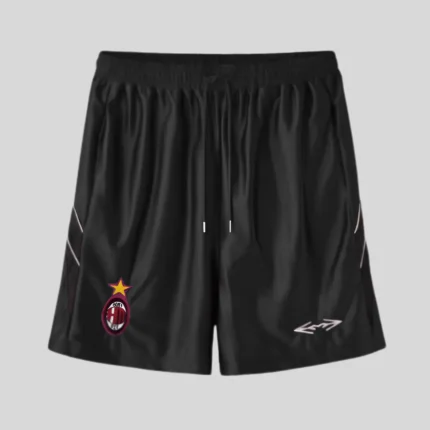 HMDD black athletic shorts with subtle side accents and contrasting lower-leg graphics