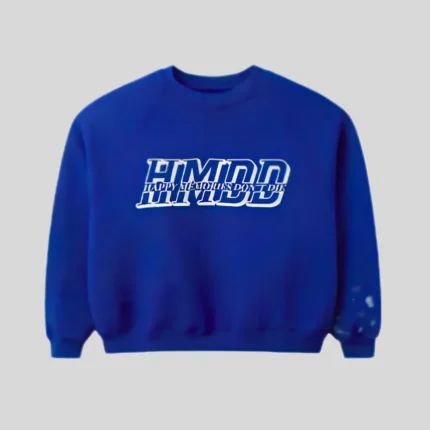 HMDD Blue Graphic Crewneck Sweatshirt with layered white chest logo