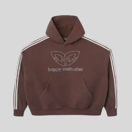HMDD brown Happy Memories hoodie with logo and striped sleeves