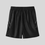 HMDD black athletic shorts with subtle side accents and contrasting lower-leg graphics