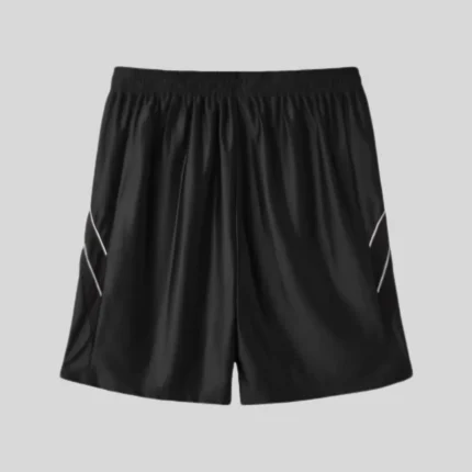 HMDD black athletic shorts with subtle side accents and contrasting lower-leg graphics