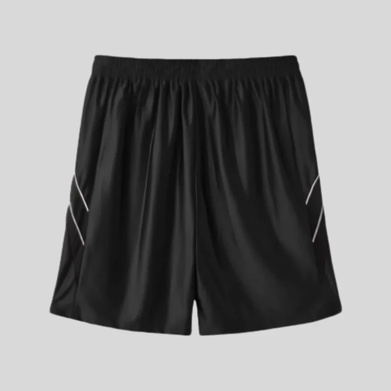 HMDD black athletic shorts with subtle side accents and contrasting lower-leg graphics