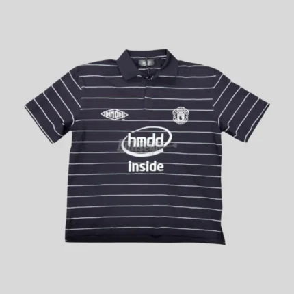 HMDD black striped polo shirt with front graphics