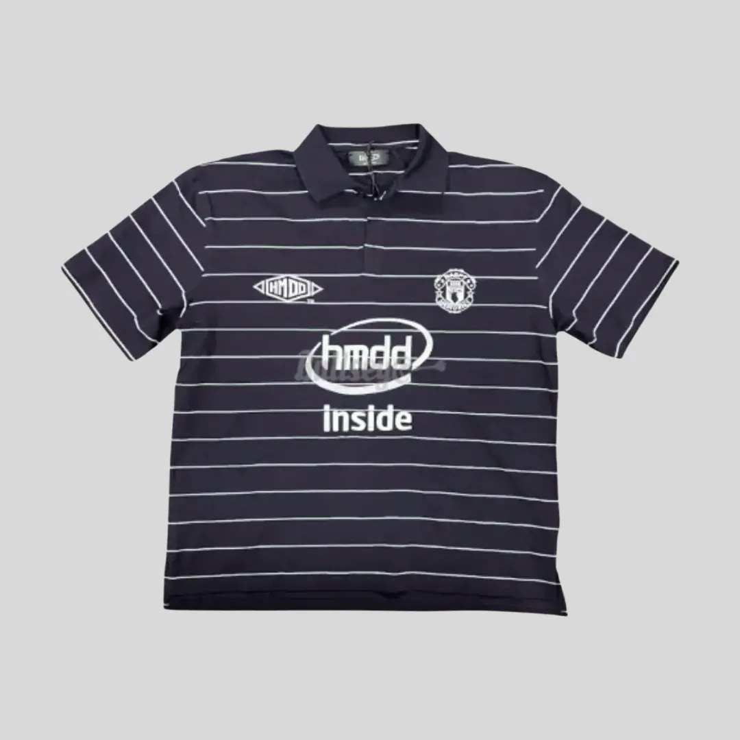 HMDD black striped polo shirt with front graphics