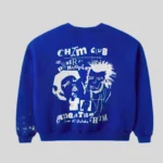 HMDD Blue Graphic Crewneck Sweatshirt with layered white chest logo