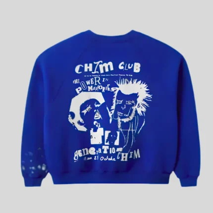 HMDD Blue Graphic Crewneck Sweatshirt with layered white chest logo
