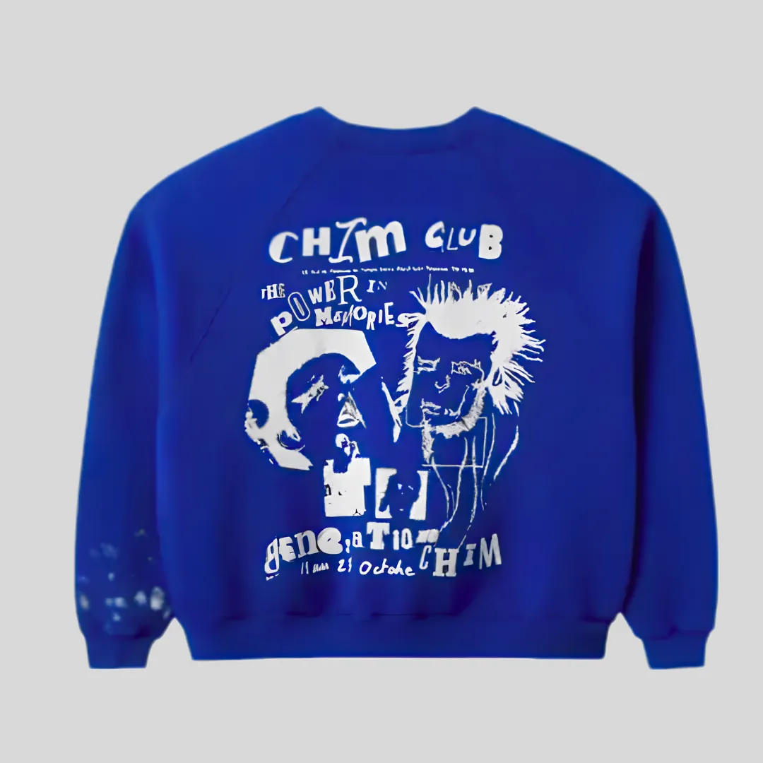 HMDD Blue Graphic Crewneck Sweatshirt with layered white chest logo