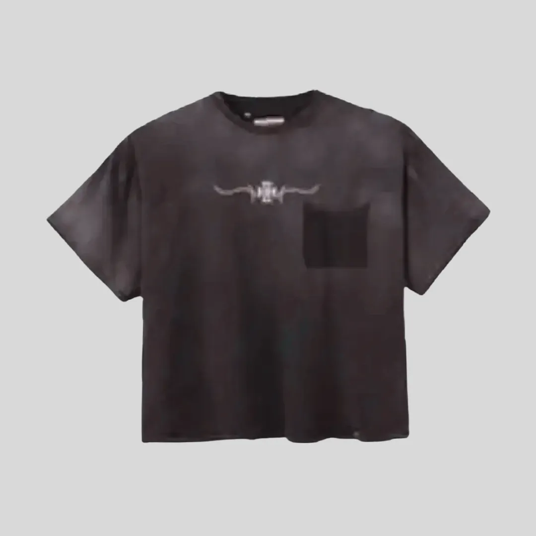 7 HMDD Vintage Black Oversized Pocket T-Shirt front view with chest pocket and oversized relaxed streetwear fit.