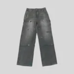 Dark grey distressed jeans featuring faded wash effects, scattered light paint-splatter details, abrasion accents and a relaxed straight-leg silhouette.