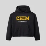Black HMDD CHIM basketball hoodie with bold yellow chest lettering