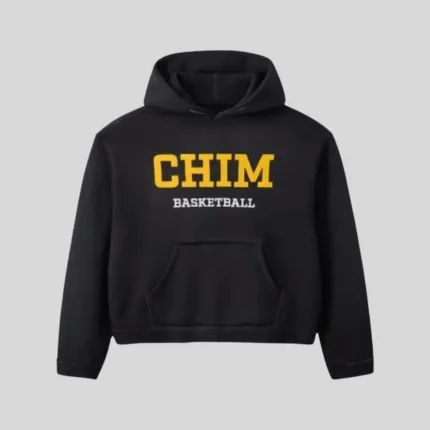 Black HMDD CHIM basketball hoodie with bold yellow chest lettering