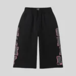 HMDD black graphic basketball shorts with charcoal side graphics and pink outline detailing