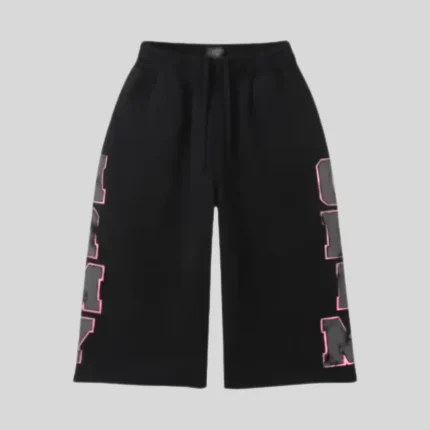 HMDD black graphic basketball shorts with charcoal side graphics and pink outline detailing