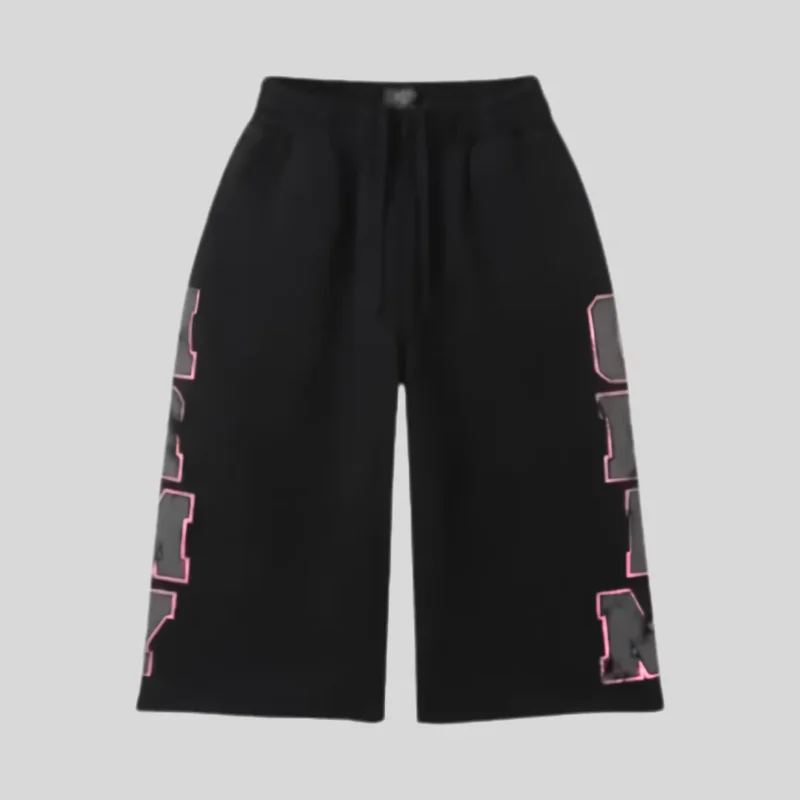 HMDD black graphic basketball shorts with charcoal side graphics and pink outline detailing